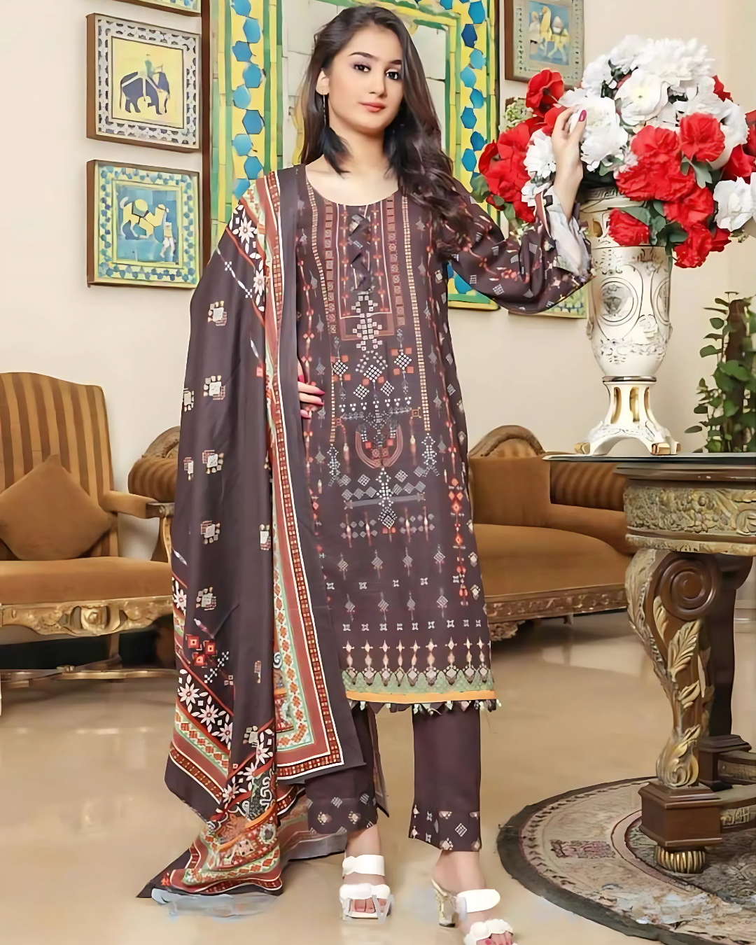 iT Fabric Store Coffee Brown Digital Printed Premium Khaddar 3 Piece Suit