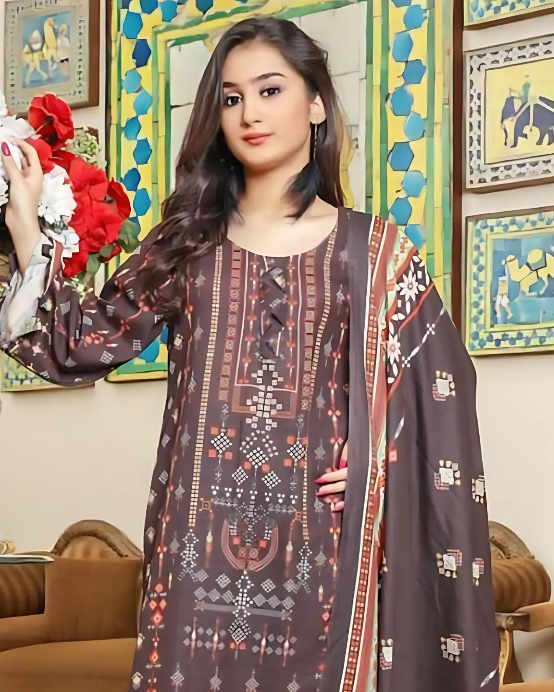iT Fabric Store Coffee Brown Digital Printed Premium Khaddar 3 Piece Suit
