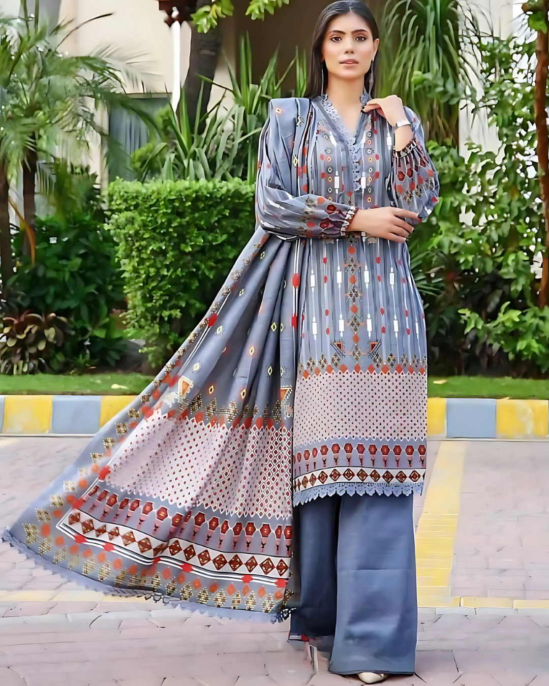 iT Fabric Store Steel Blue Digital Printed Premium Khaddar 3 Piece Suit