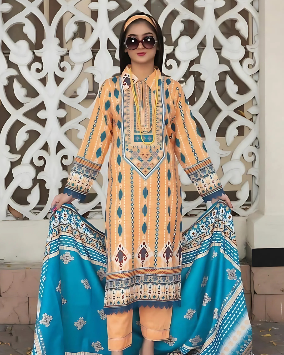 iT Fabric Store Orange Digital Printed Premium Khaddar 3 Piece Suit