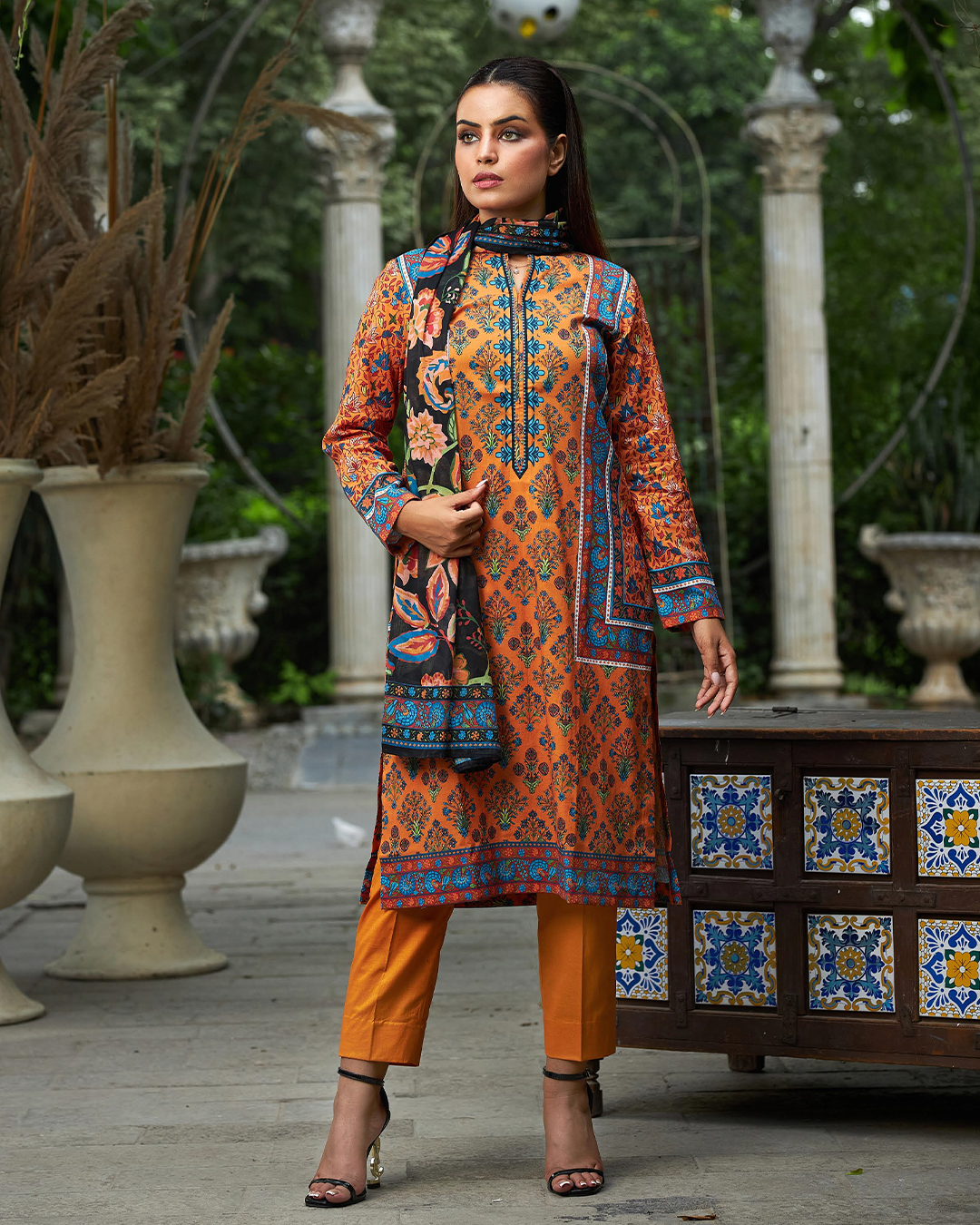 iT Fabric Store Orange Digital Premium Cotton 3 Piece Suit