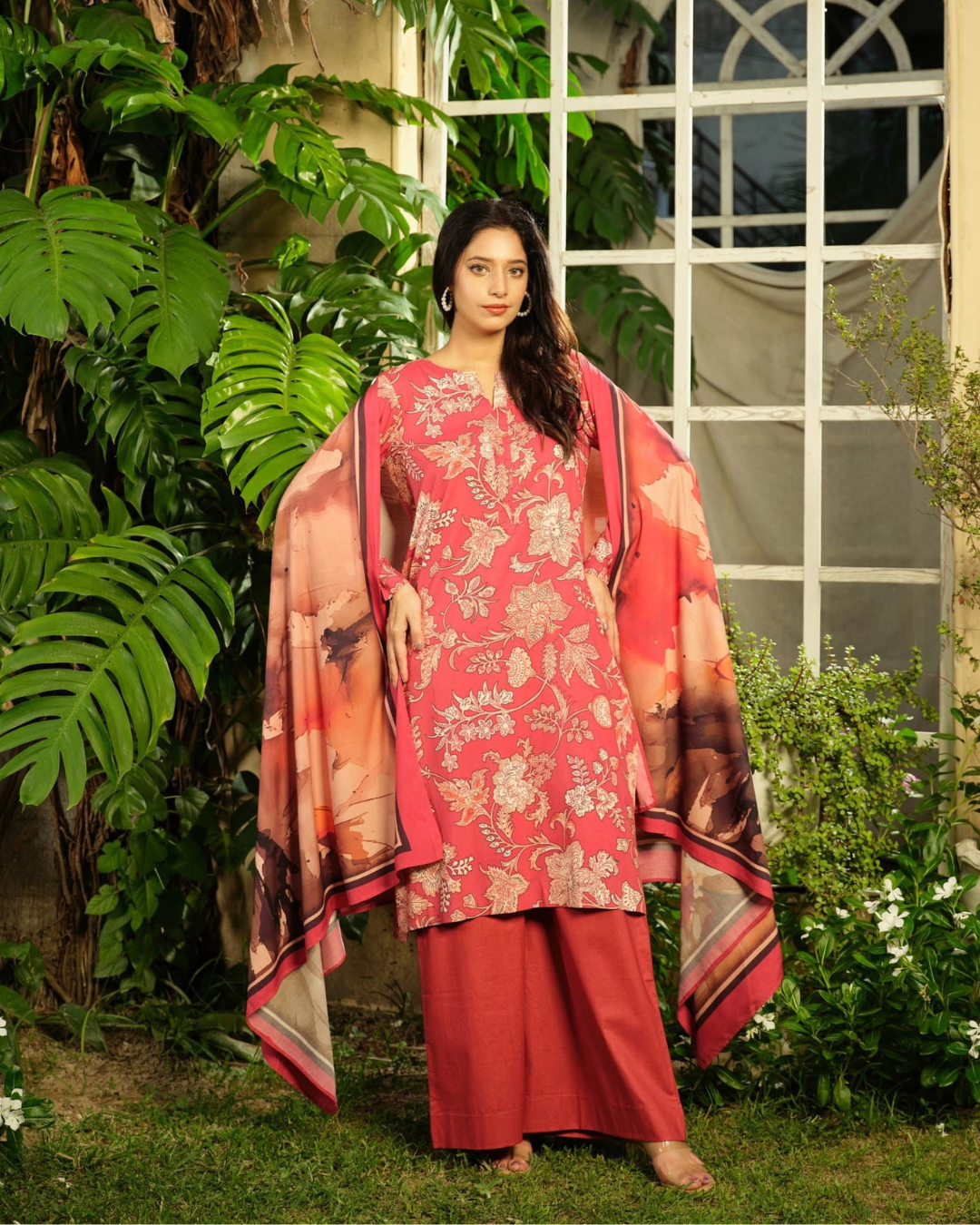 iT Fabric Store Reddish-Pink Digital Premium  Linen  3 Piece Suit