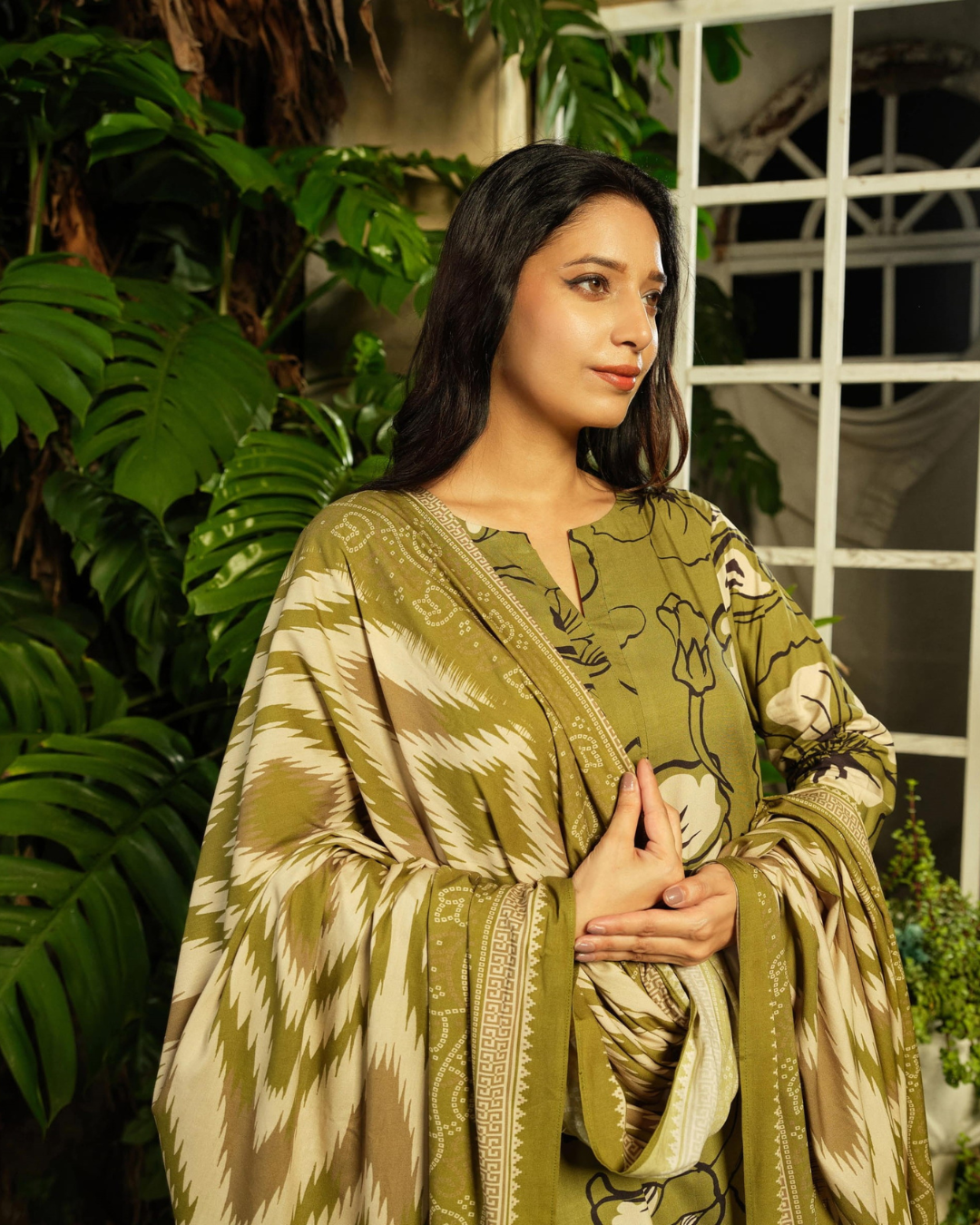 iT Fabric Store Olive Green Digital Premium Linen 3 Piece Suit