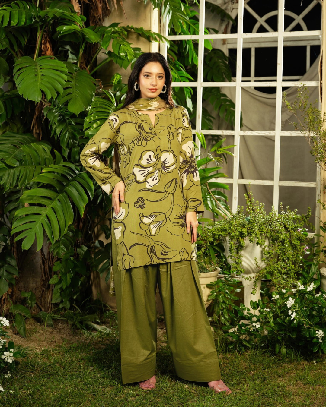 iT Fabric Store Olive Green Digital Premium Linen 3 Piece Suit