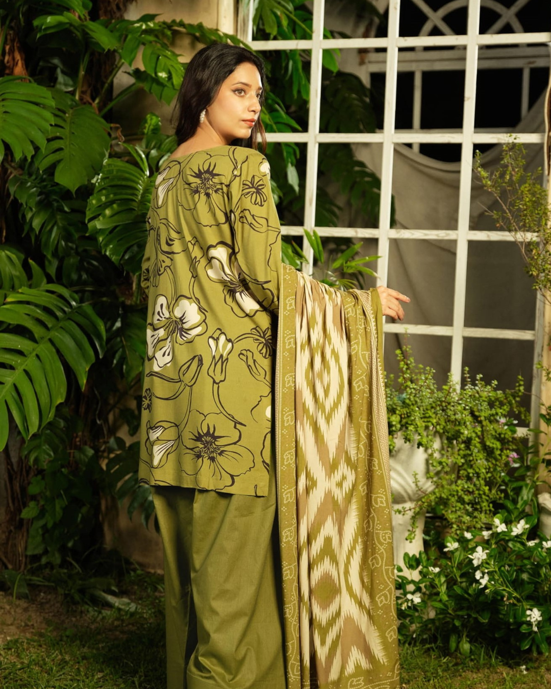 iT Fabric Store Olive Green Digital Premium Linen 3 Piece Suit