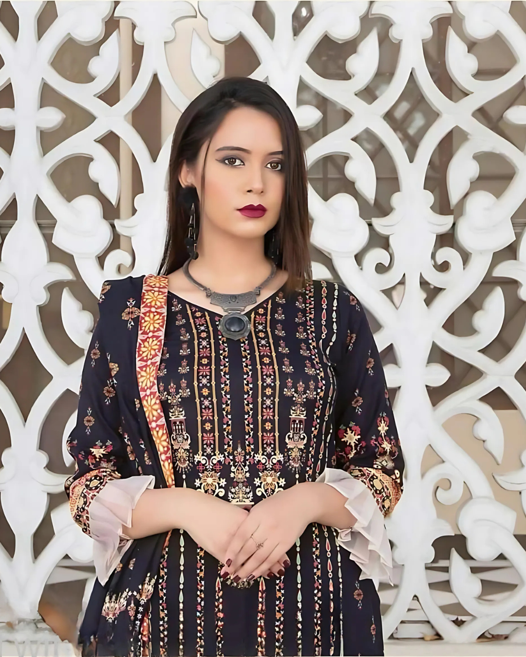 iT Fabric Store Navy Blue Digital Printed Premium Khaddar 3 Piece Suit