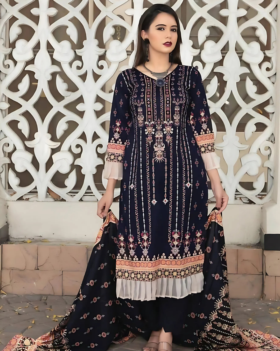 iT Fabric Store Navy Blue Digital Printed Premium Khaddar 3 Piece Suit