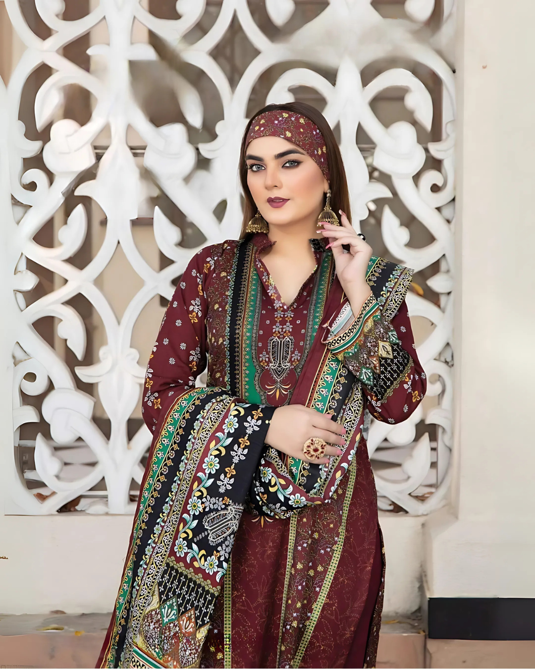 iT Fabric Store Maroon Digital Printed Premium Khaddar 3 Piece Suit