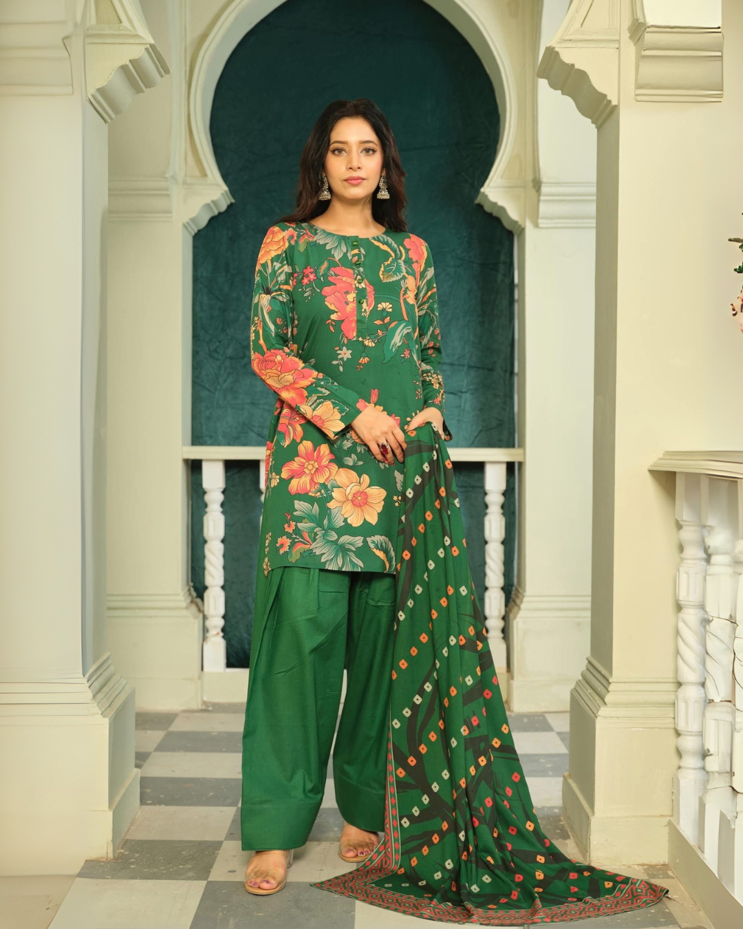 iT Fabric Store Green Premium Digital Linen 3 Piece Suit