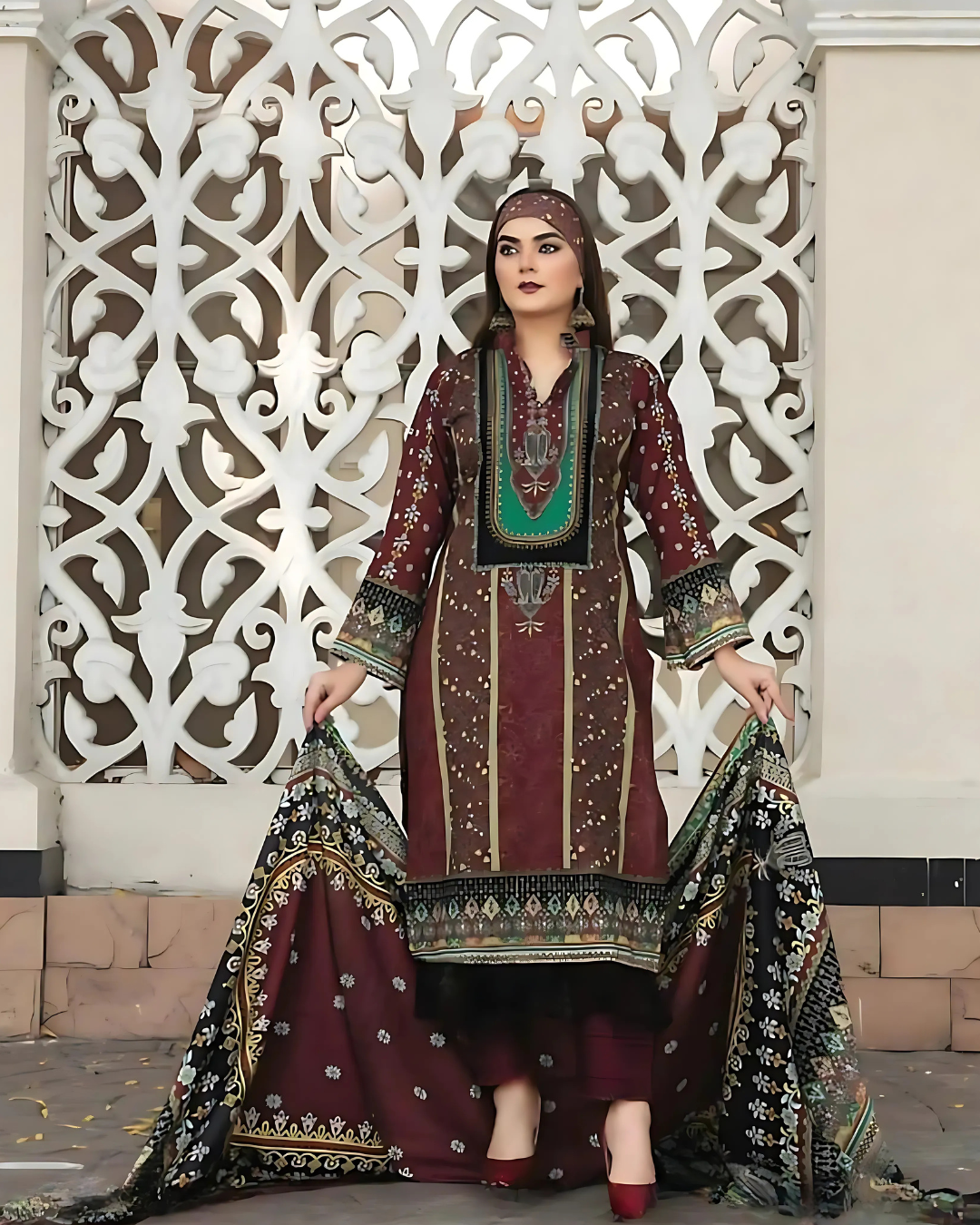 iT Fabric Store Maroon Digital Printed Premium Khaddar 3 Piece Suit
