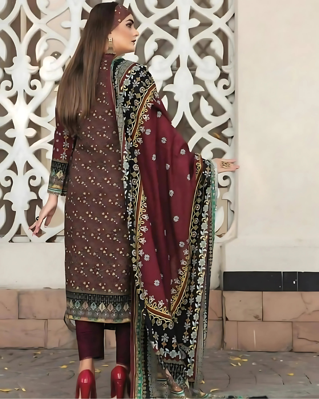 iT Fabric Store Maroon Digital Printed Premium Khaddar 3 Piece Suit